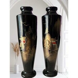 AIZU Black Lacquerware Vases Set Of 2 Made In Japan 6.5” Tall Vase